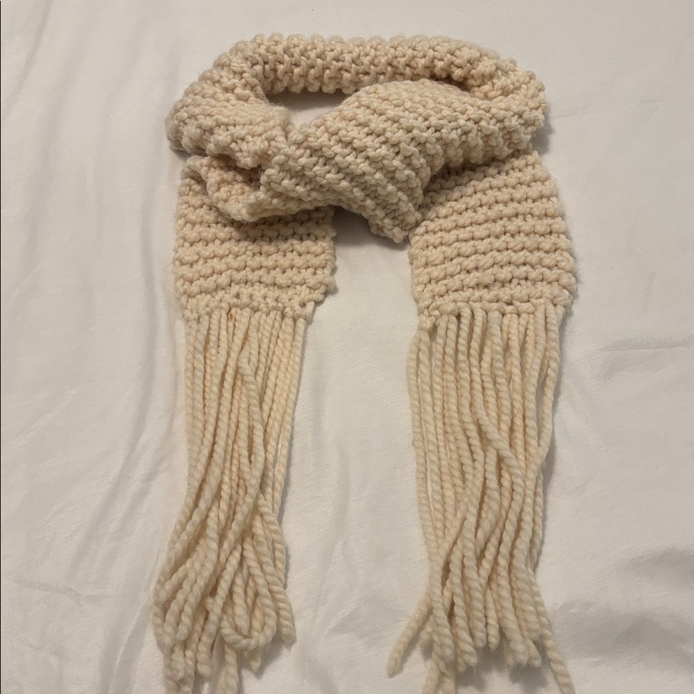 Cream Hand-knit chunky scarf w/fringe thin long scarf winter crochet handmade